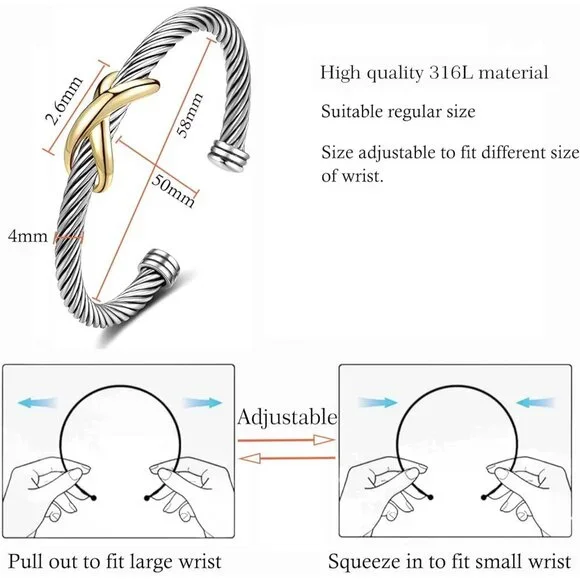 Cuff Bangle Bracelet, Stainless Steel Twisted Wire Bangle Bracelets for Women - Picture 2 of 6